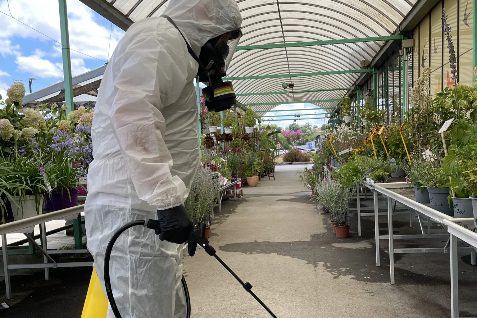 Technicien 3DTECH en combinaison et masque, lance de pulvérisation à la main, dans l’allée d’une jardinerie en juillet 2026
