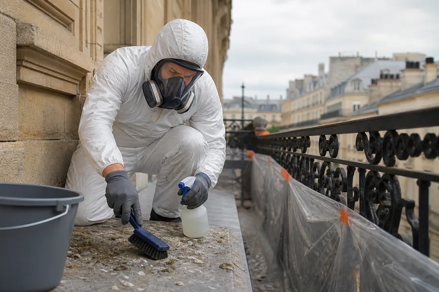 Intervention de nettoyage spécialisé sur un balcon et ses rebords