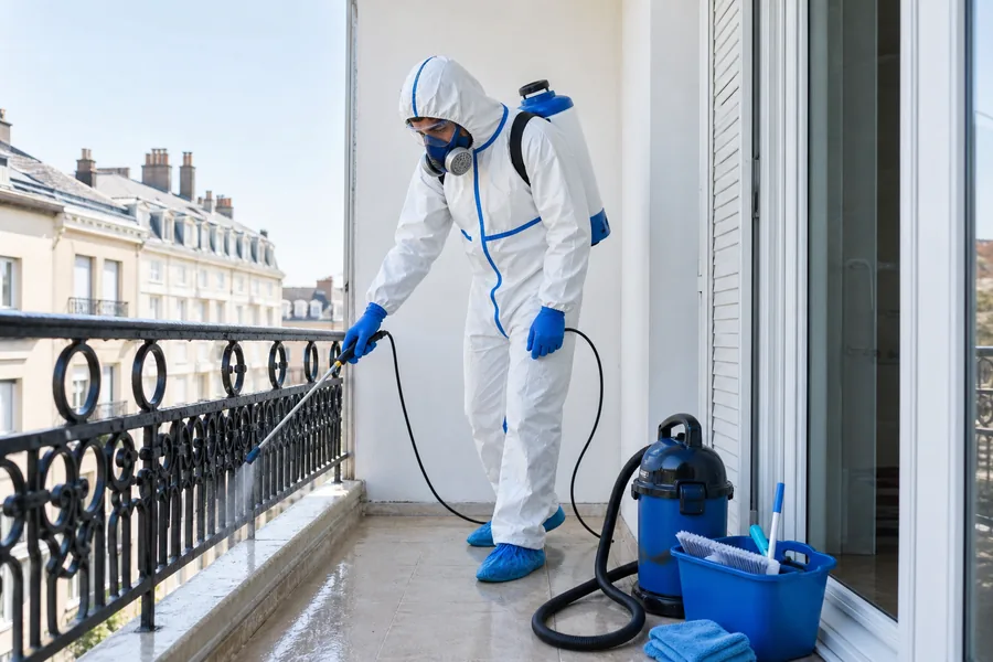 Technicien équipé réalisant un nettoyage spécialisé sur un balcon