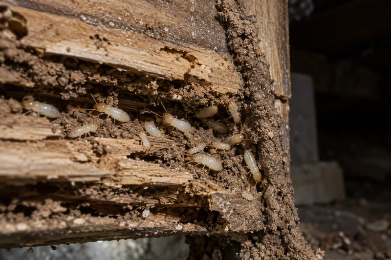 Ouvriers de termites souterrains, blancs et sans taille marquée, dans une galerie ouverte d’une pièce de bois dégradée (illustration)
