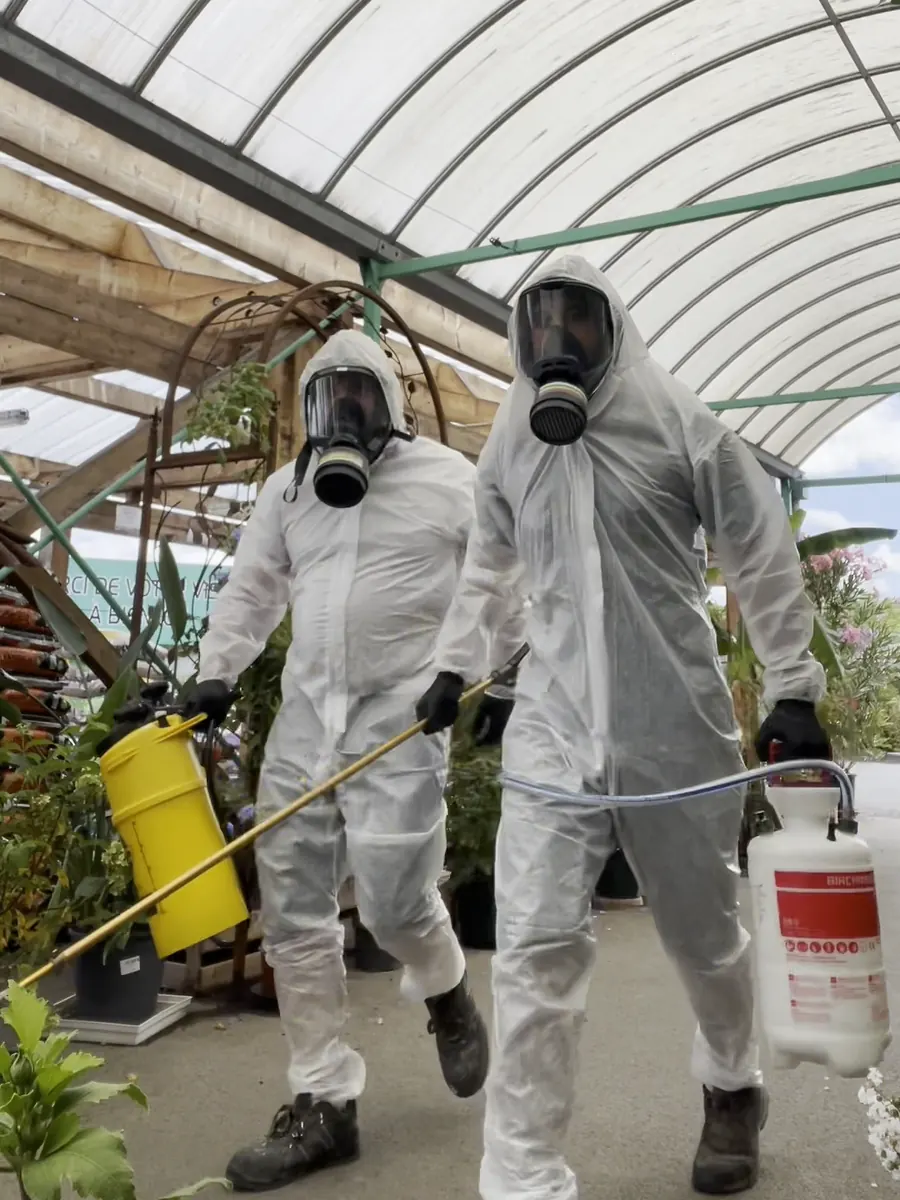 Deux techniciens 3DTECH en combinaison et masque, pulvérisateurs en main, dans la serre d’une jardinerie
