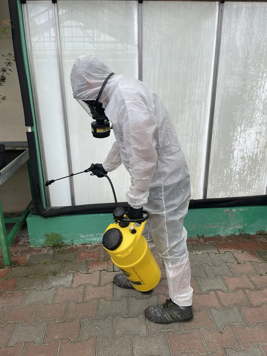 Technicien 3DTECH en combinaison et masque traitant le pied d’une paroi de serre au pulvérisateur