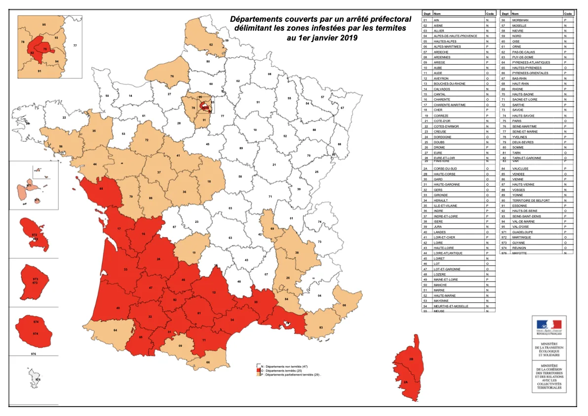 Carte officielle de France des départements couverts par un arrêté préfectoral termites au 1er janvier 2019