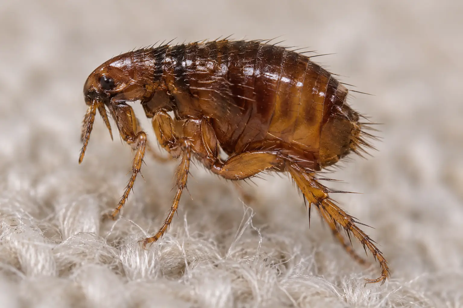 Puce vue de profil sur les fibres d’un textile (illustration)