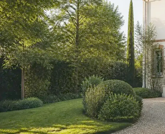 Jardin, haie et abords d’une maison